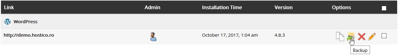 A seção de Backup da aplicação Softaculous