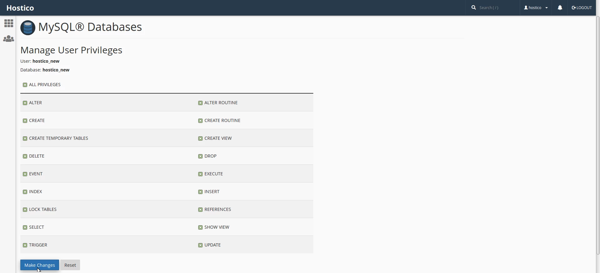 Privilégios de banco de dados cPanel